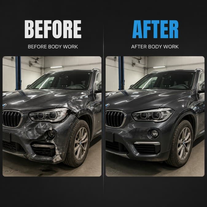 Dark SUV with front bumper damage, before and after body work