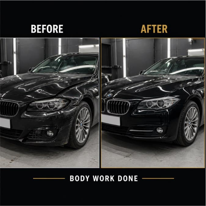 Black sedan with front-end damage, before and after body work